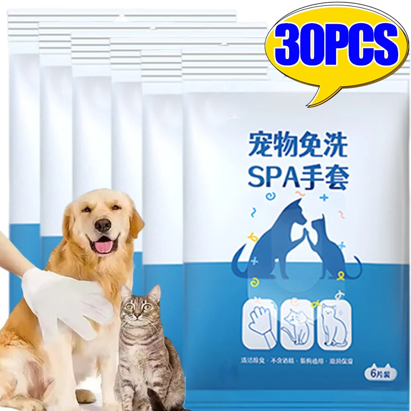 30/6PCS Cat Dog Disposable Glove Towels Pet Wash Free Glove No Rinse Washing Gloves Towels Deodorizing Dry Cleaning Wet Towels - Fullshopping