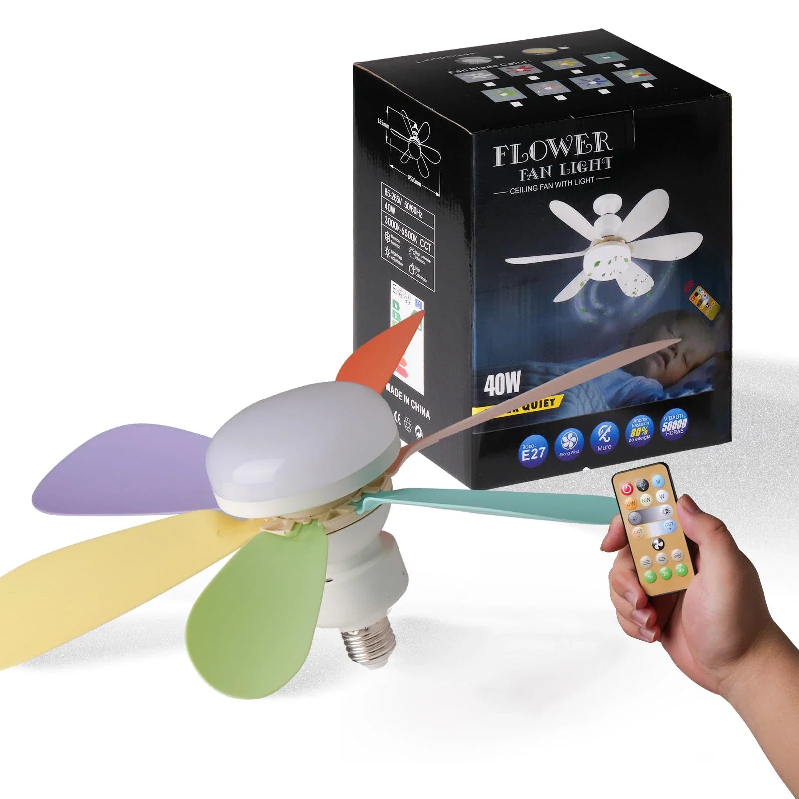 LED 40W ceiling fan light E27 with remote control for dimming, suitable for living room, study, household use, 85-265V - Fullshopping