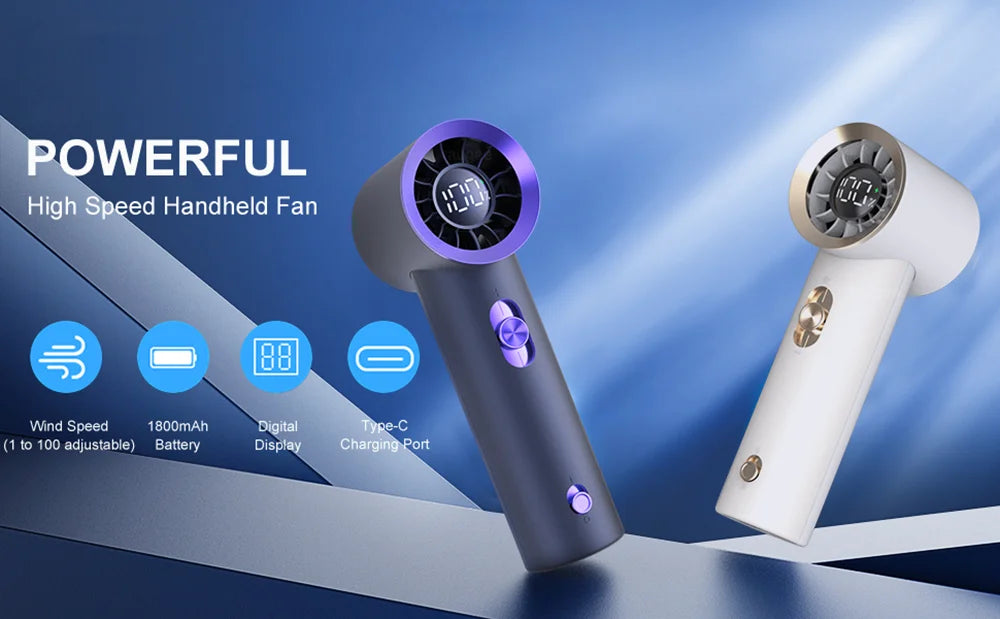 Portable Fan Turbo Wind 100 Strong Speed Mini Cooling Fan Electric Handheld Fan with Digital Display 1800mAh USB Rechargeable - Fullshopping