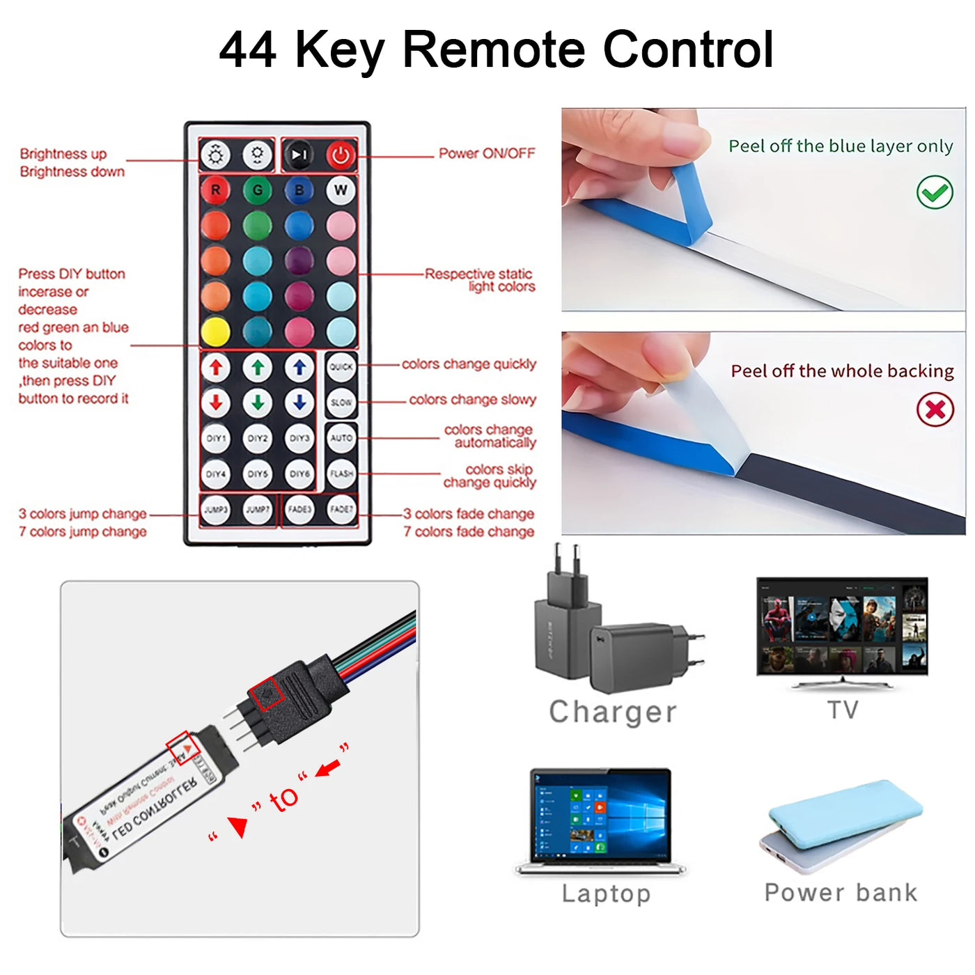 10m 20m Led Strip Lights with 44 Key Remote Control RGB Tape Led Wall Room for Home Bedroom Party Decor TV Backlight - Fullshopping