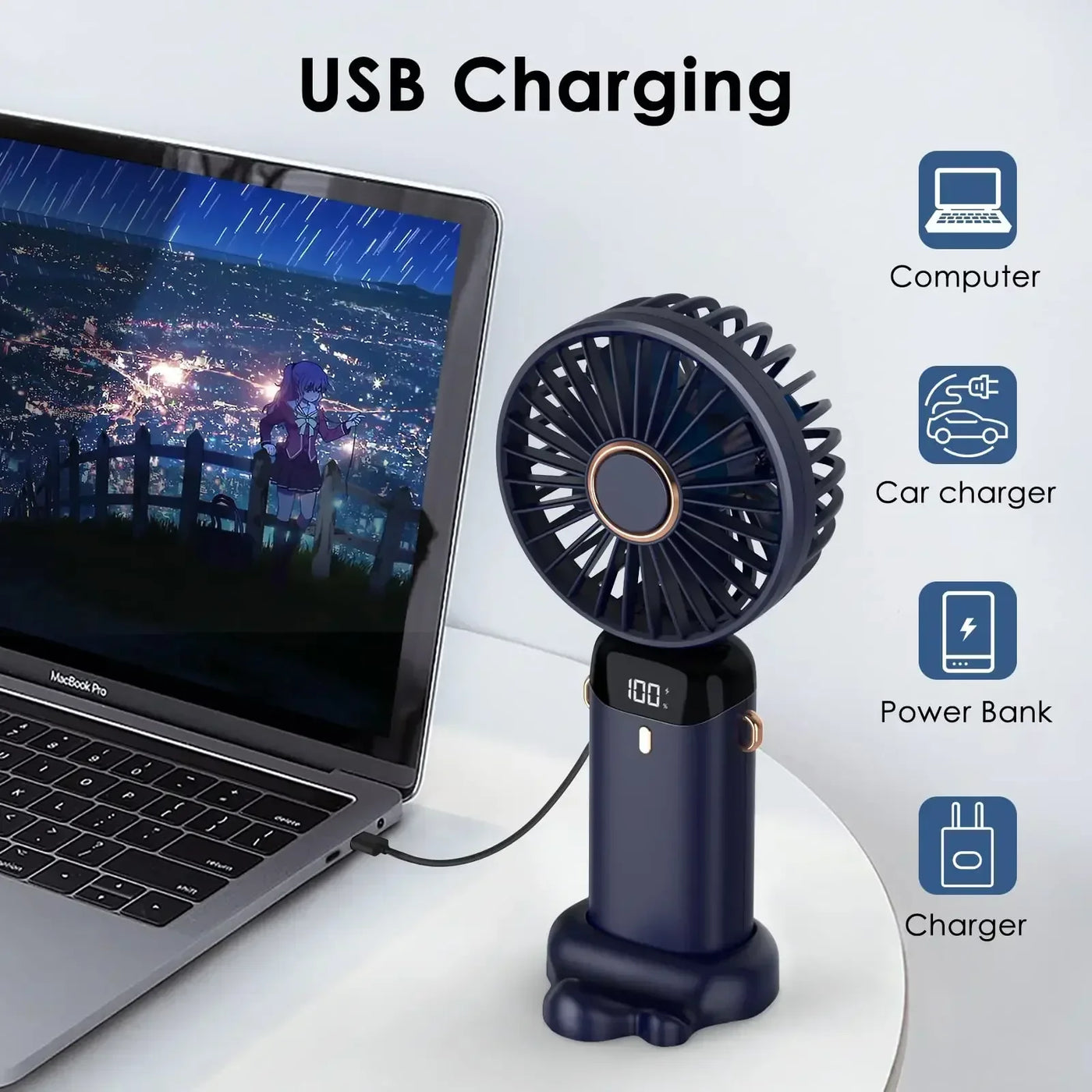 5000mAh Portable Fan Rechargeable 90° Foldable 5 Speed Mini Air Conditioner Small Fan Air Cooler with LED Digital Display - Fullshopping