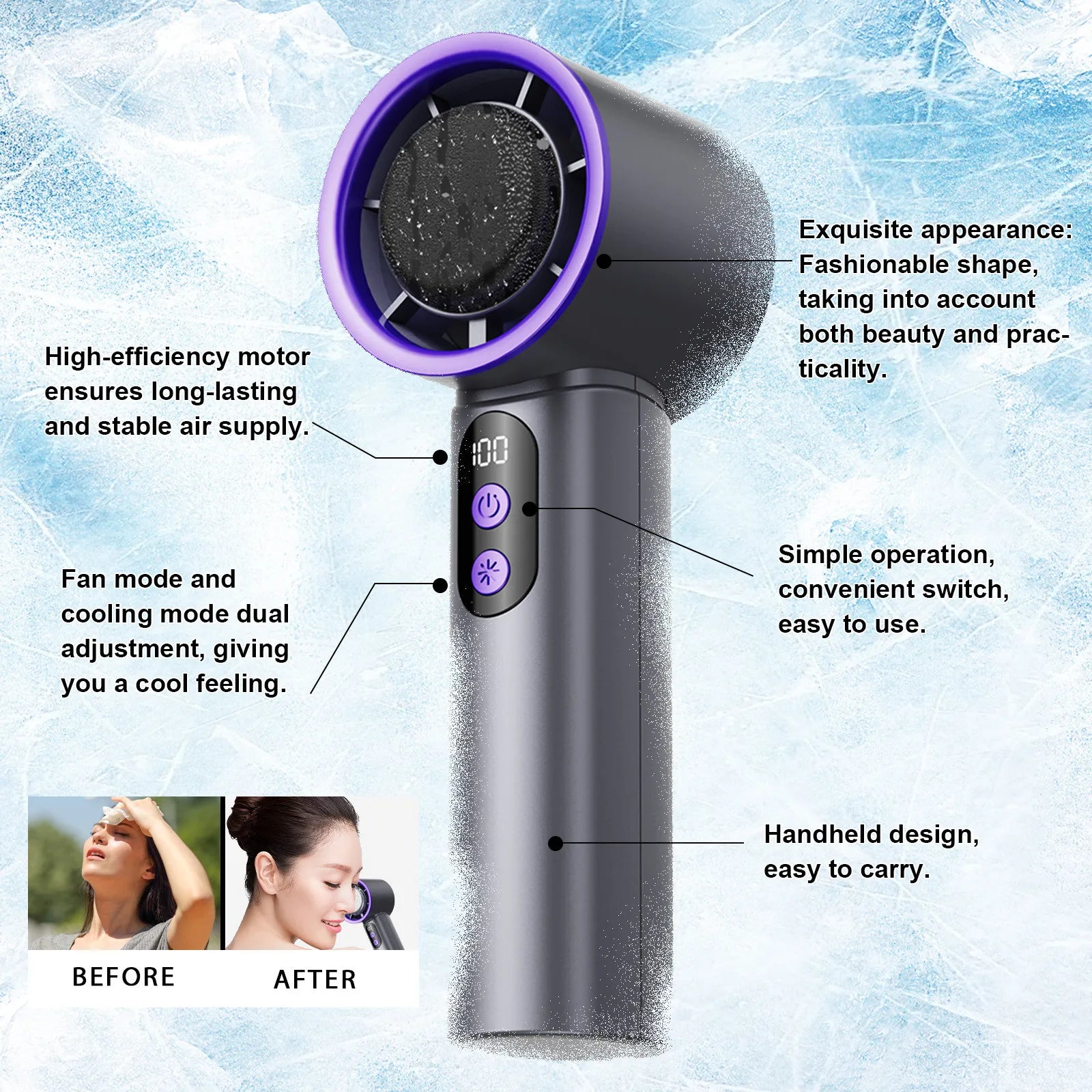 Turbo Fan Portable Handheld Cooling Fan Mini USB Ice Fan With Digital Display Outdoor Personal Camping Turbo Cold Air Fan - Fullshopping