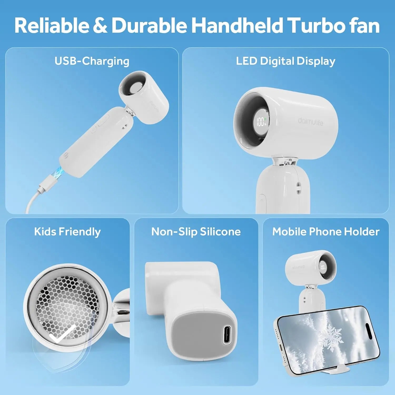 High Speed Handheld Fan 1-100 Stepless Speed Adjustment, Portable Turbo Fan 3 IN 1 Rechargeable Fans 90° Foldable ﻿ - Fullshopping