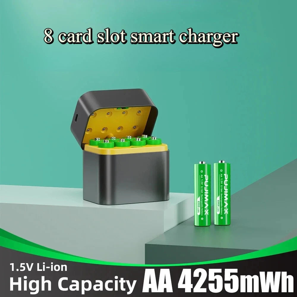 AA/AAA 8 Slots with Smart Charger with 1.5V 4255mWh/3400mWh Lithium Batteries – Fast Charging Battery Charger Set - Fullshopping