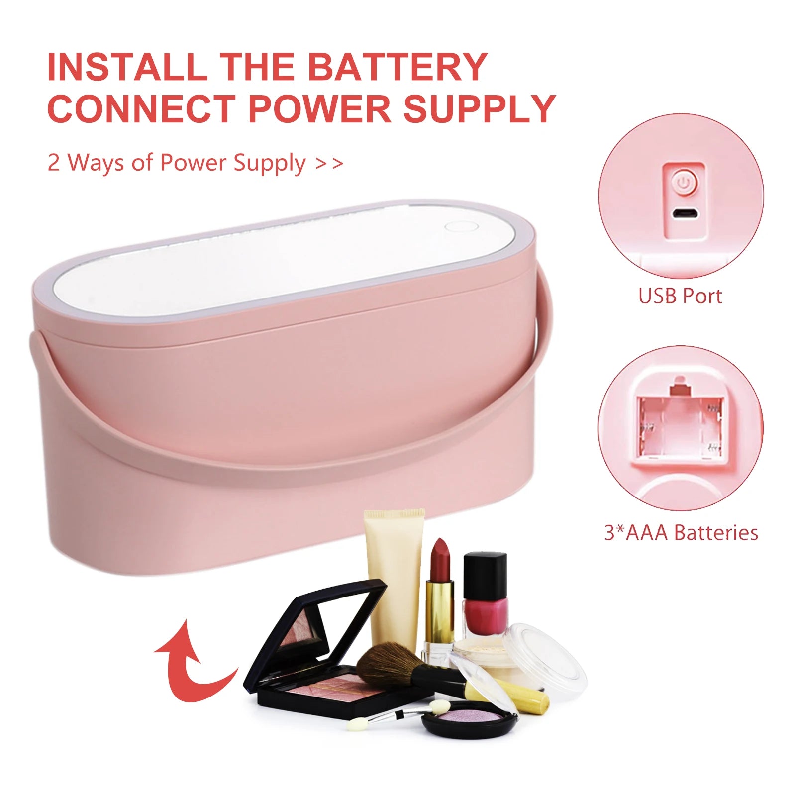 Portable Makeup Box with Light Up Mirror Cosmetic Storage Box Travel Makeup Case - Fullshopping
