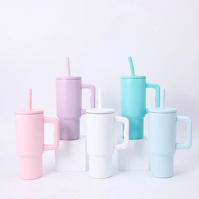24OZ Car Thermos Cup With Straw Handle,Double Stainless Steel Flasks,Large Capacity Drinkware,Outdoor Ice Bullock Water Bottle - Fullshopping