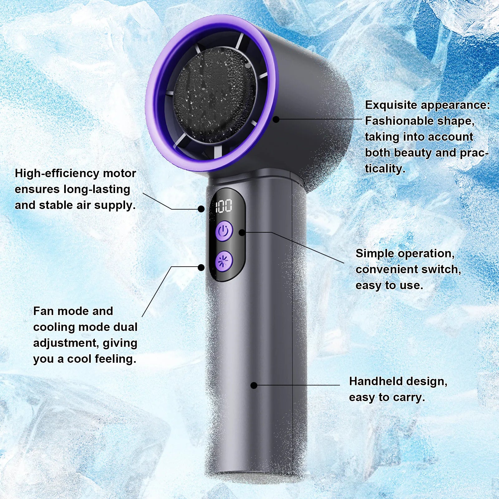 Turbo Fan Portable Hand Fan Mini USB Rechargeable Fan Ice Cooling Fan Handheld Turbo Fan Small Pocket Fan with Digital Display - Fullshopping